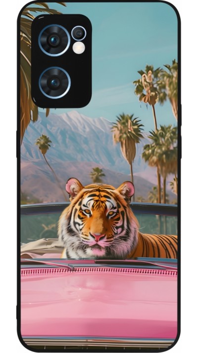 Coque OPPO Reno7 5G - Silicone rigide noir Tigre voiture rose