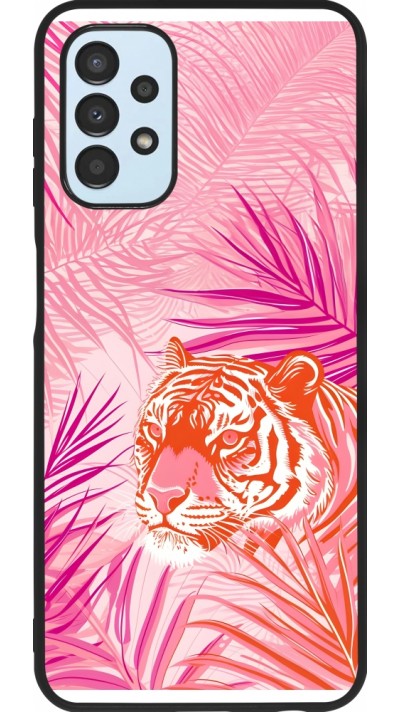 Coque Samsung Galaxy A13 5G - Silicone rigide noir Tigre palmiers roses