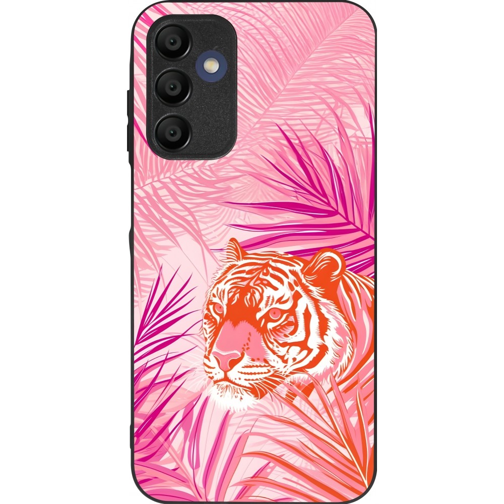 Coque Samsung Galaxy A15 - Silicone rigide noir Tigre palmiers roses