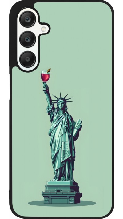 Coque Samsung Galaxy A25 - Silicone rigide noir Wine Statue de la liberté avec un verre de vin