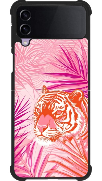 Coque Samsung Galaxy Z Flip3 5G - Silicone rigide noir Tigre palmiers roses