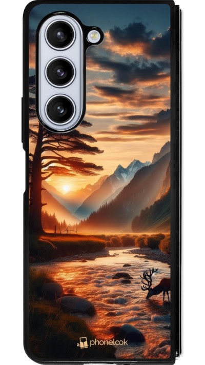 Coque Samsung Galaxy Z Fold5 - Silicone rigide noir Valley Sunset Deer Tree