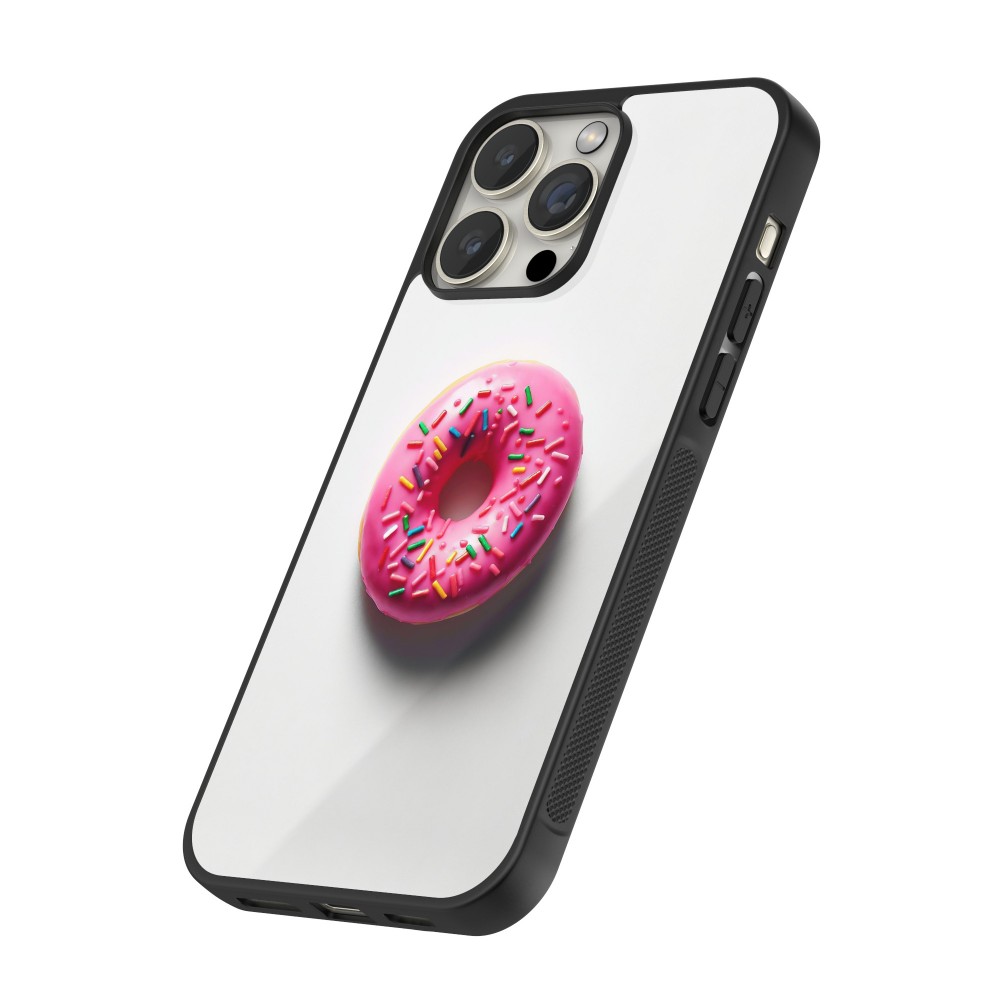 iPhone 16 Pro Max Case Hülle - Silikon schwarz Weisser Hintergrund, pinker Donut