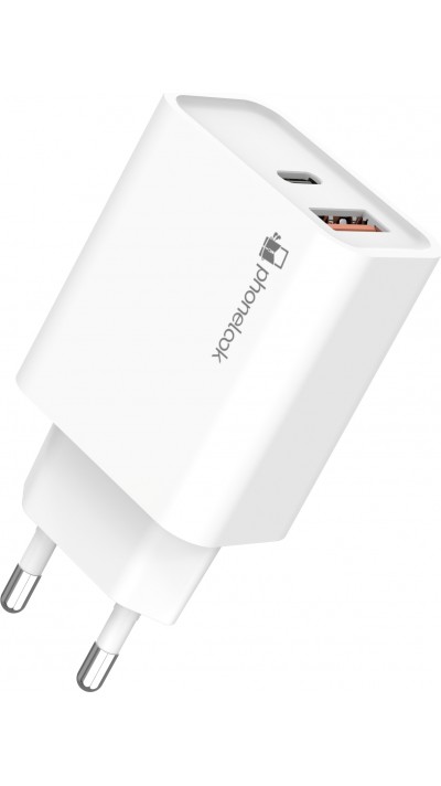 Chargeur rapide 25W USB-A et USB-C - Adaptateur secteur dual - Blanc