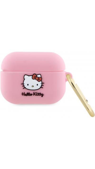 AirPods Pro / Pro 2 Case Hülle - Hello Kitty Soft-Touch-Silikon mit integriertem goldenen Karabinerhaken und Logoprägung - Rosa