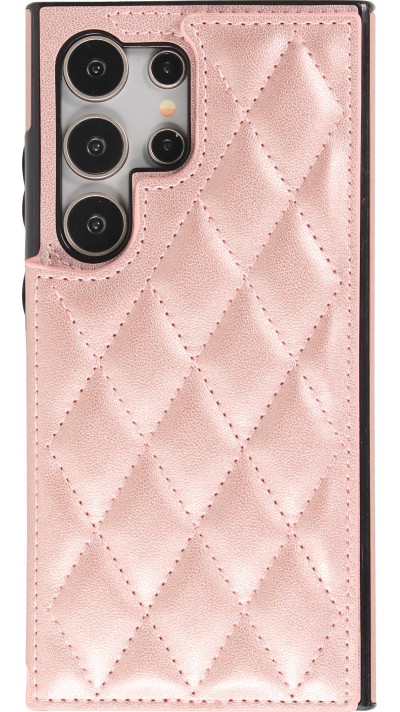 Galaxy S24 Ultra Case Hülle - Silikon case mit Kunstleder Oberfläche und aufklappbarem Portemonnaie - Rosa