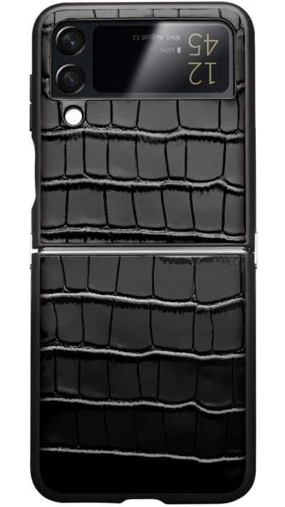 Galaxy Z Flip4 Case Hülle - Qialino Croco Echtleder - Schwarz