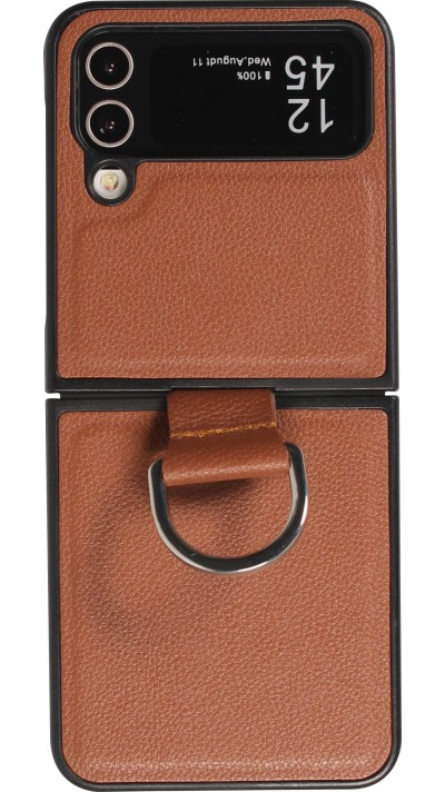 Samsung Galaxy Z Flip5 Case Hülle - Leder Design mit Haltering - Braun