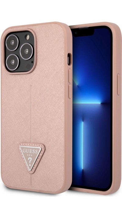 iPhone 13 Pro Case Hülle - Guess aus rosem Kunstleder mit Dreieckslogo aus Metall - Rosa