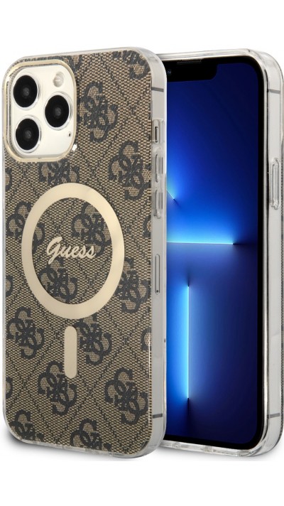 Coque iPhone 14 Pro Max - Guess monogramme laqué avec MagSafe doré - Brun