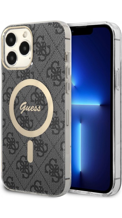 Coque iPhone 15 Pro - Guess monogramme laqué avec MagSafe doré - Gris