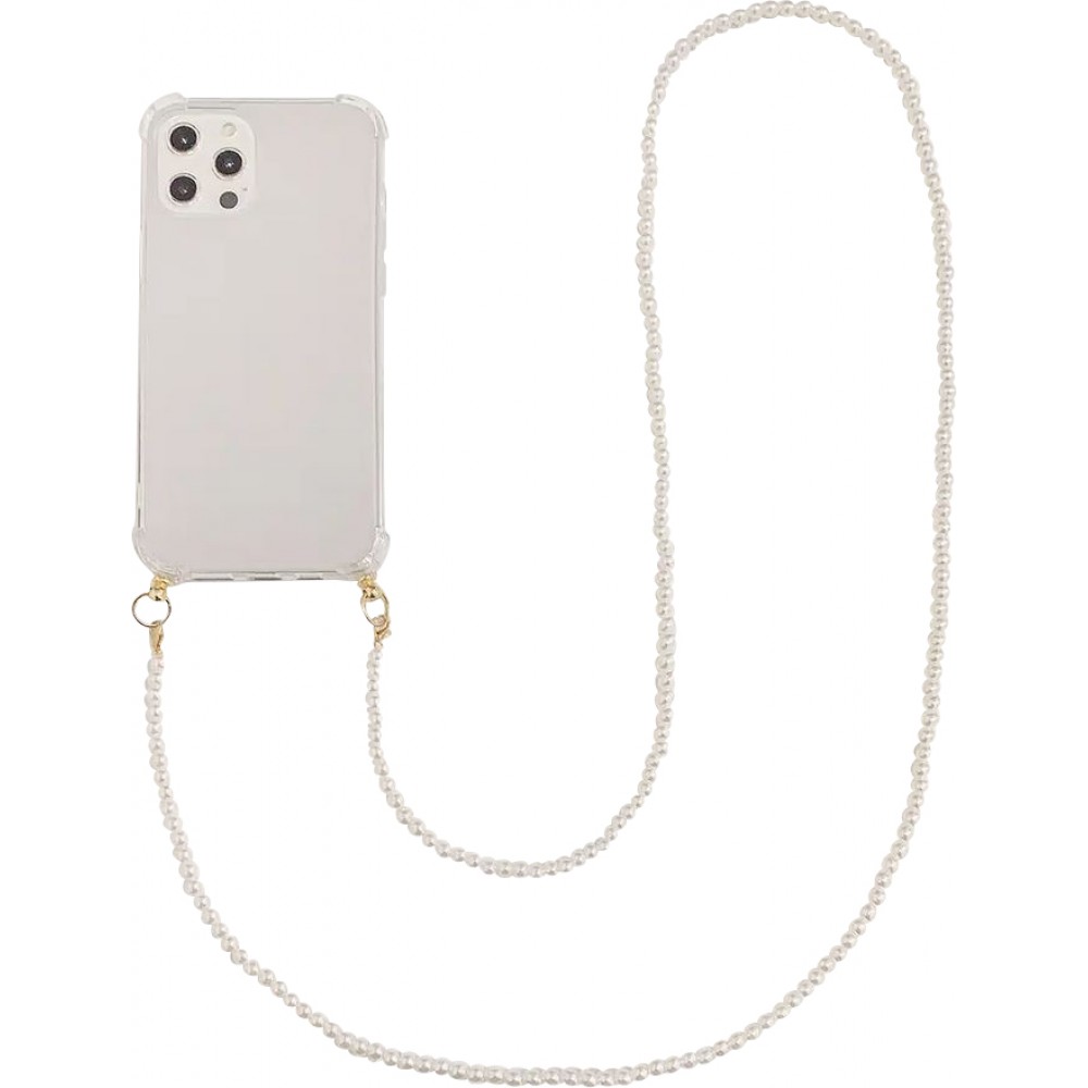 Coque iPhone 14 - Gel transparente avec chaine en perle intégrée blanc