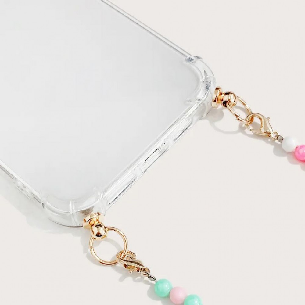 Coque iPhone 14 - Gel transparente avec chaine en perle intégrée blanc