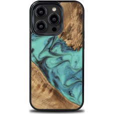 Coque iPhone 14 Pro - Bewood Unique Bois et résine Case - Turquoise & noir