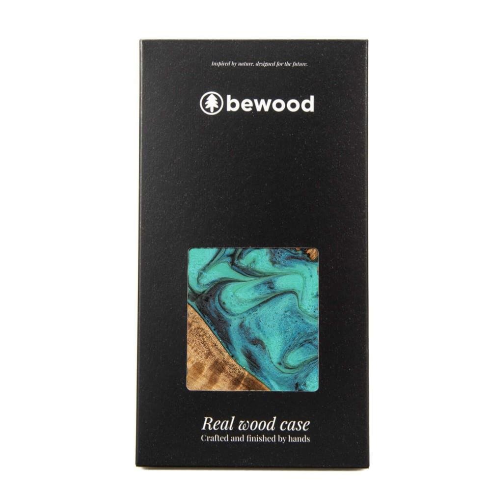 Coque iPhone 14 Pro - Bewood Unique Bois et résine Case - Turquoise & noir