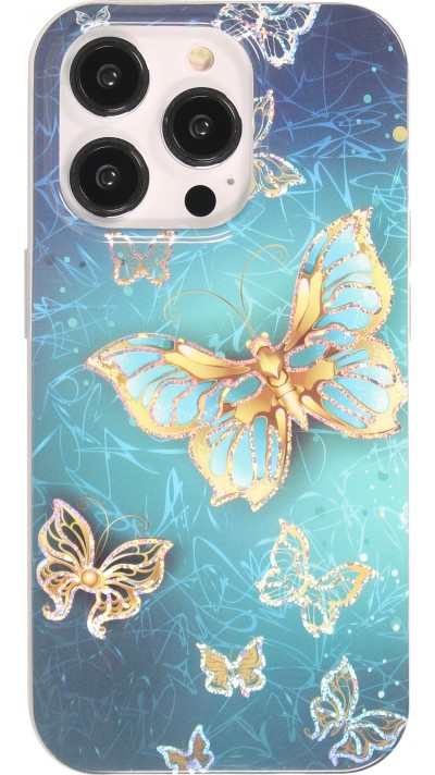 Coque iPhone 14 Pro Max - Gel silicone papillon scintillant - Bleu