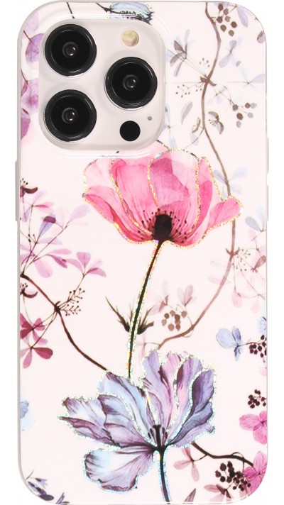Coque iPhone 14 Pro - Gel silicone rose florissante - Blanc