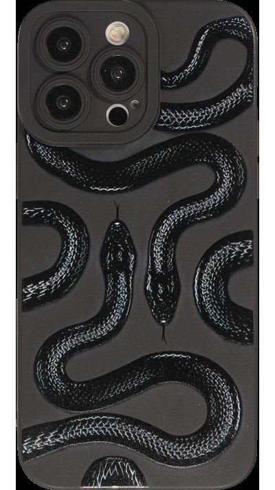 Coque iPhone 14 Pro Max - Gel silicone souple avec protection caméra - Deux serpents - Noir