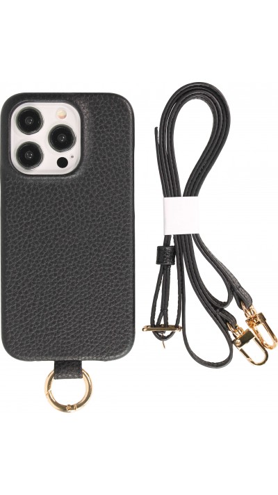 Coque iPhone 14 Pro - Premium cuir véritable de luxe avec lanière en cuir réglable et amovible + MagSafe - Noir