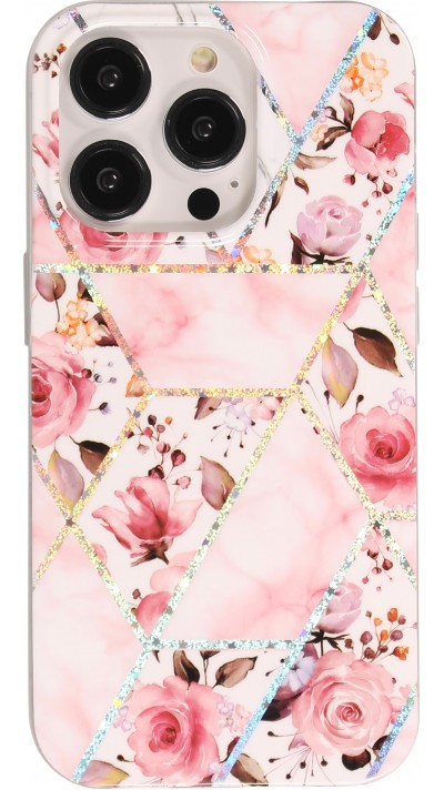 Coque iPhone 14 Pro Max - Silicone Gel stripes géométriques beautiful roses - Rose