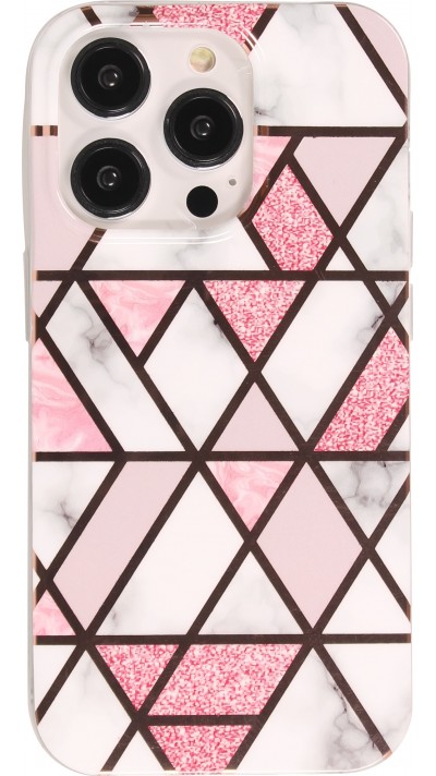 Coque iPhone 15 Pro - Silicone Gel stripes géométriques marble - Blanc/rose