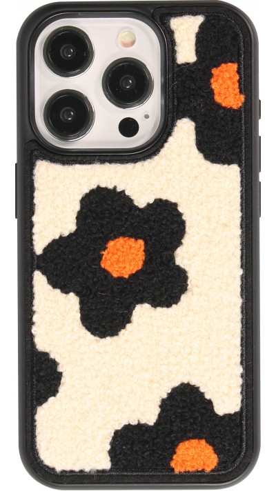 Coque iPhone 14 Pro Max - Silicone avec surface tufting effet fleur - Noir