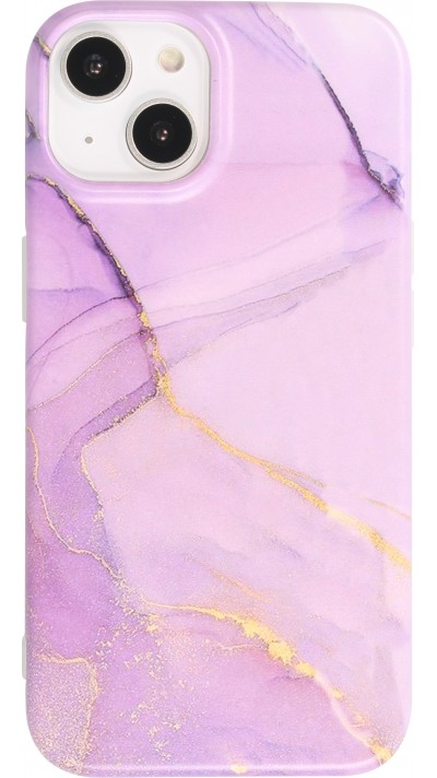 Coque iPhone 14 - Silicone rigide mat avec effet marbre imprimé - Violet