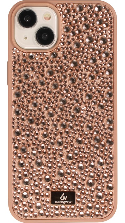Coque iPhone 15 Plus - Diamant strass The Bling World - Or rose