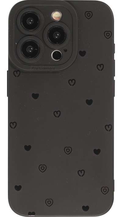 Coque iPhone 15 Pro - Gel silicone souple avec protection caméra - Many hearts - Noir