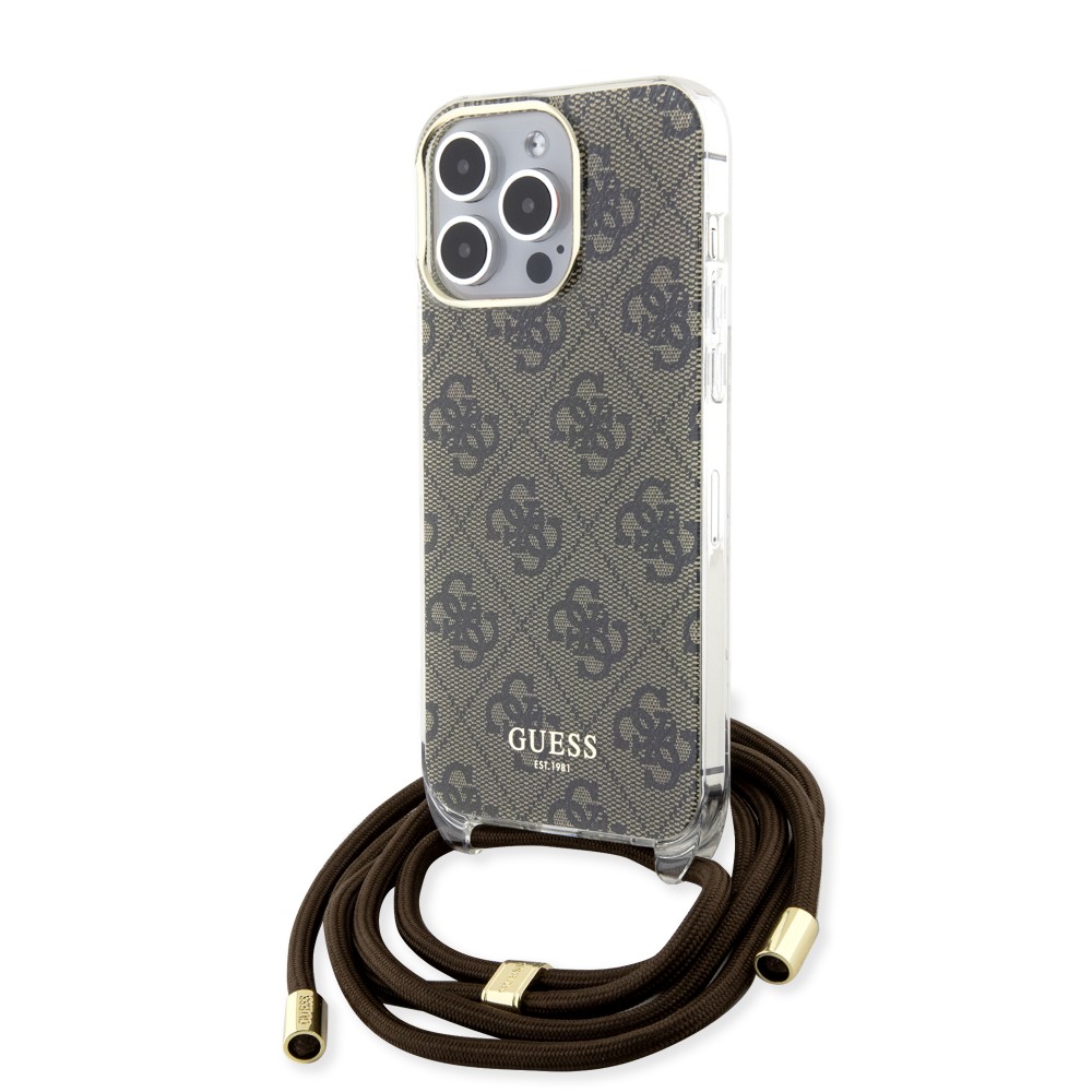 Coque iPhone 15 Pro Max - Guess monogramme laqué avec lanière ajustable intégrée - Brun