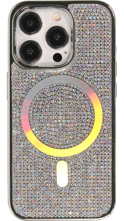 Coque iPhone 15 Pro - Silicone rigide pailleté avec gemmes MagSafe - Argent
