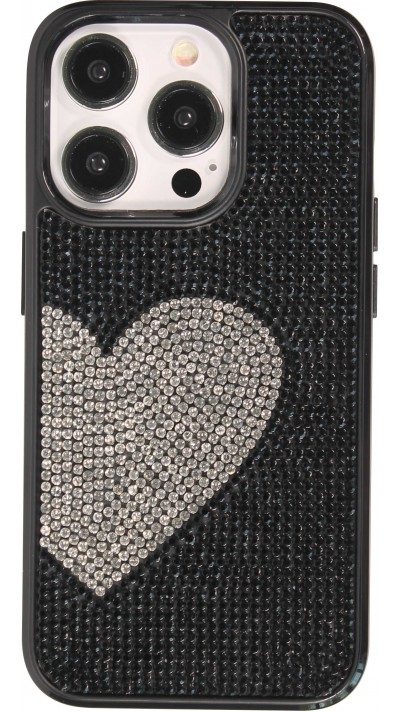 Coque iPhone 15 Pro - Silicone souple pailleté avec gemmes White Heart - Noir