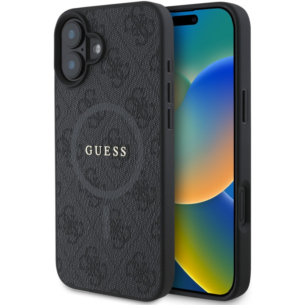 Coque iPhone 16 - Guess monogramme similicuir avec MagSafe intégré et logo doré - Noir