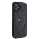 Coque iPhone 16 - Guess monogramme similicuir avec MagSafe intégré et logo doré - Noir