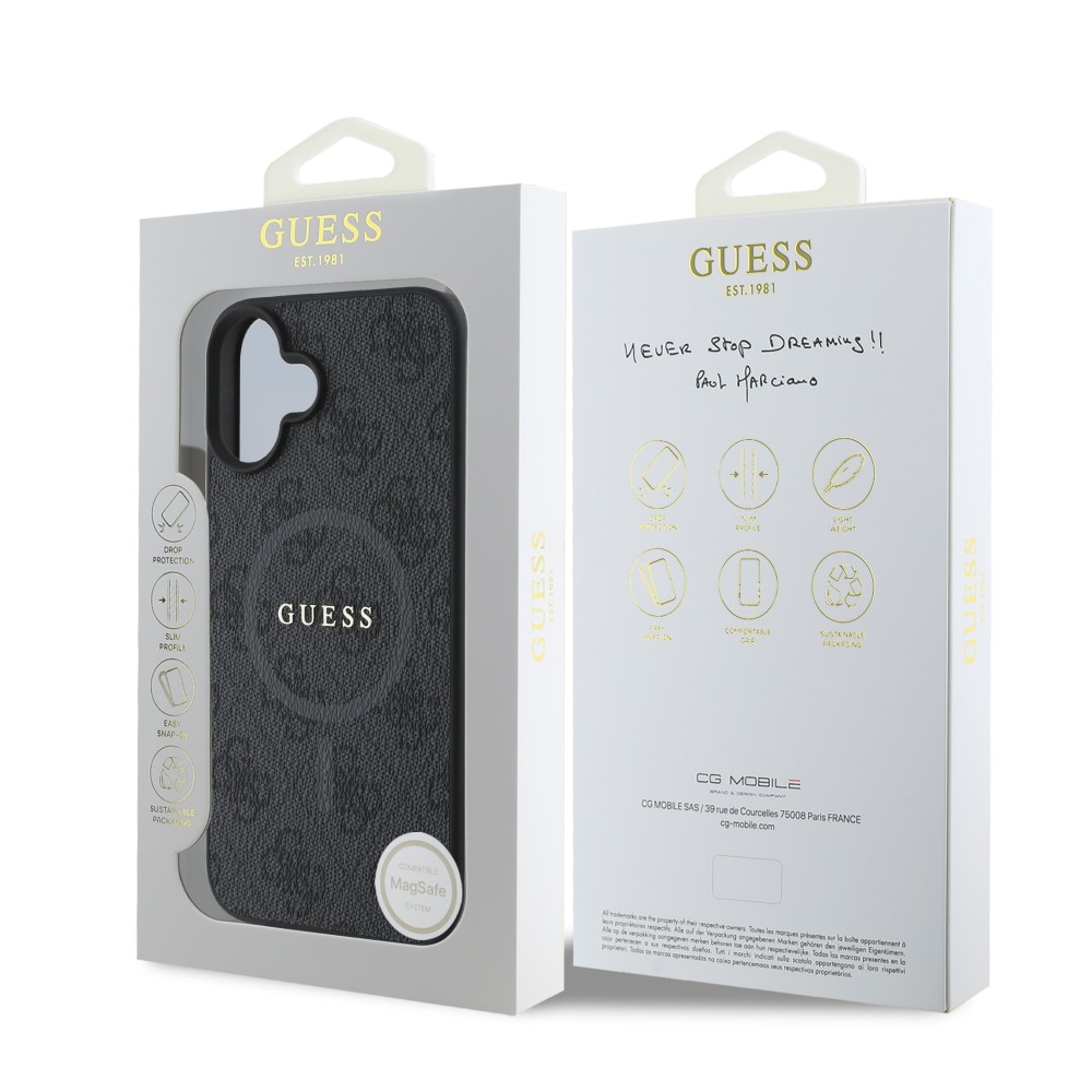 Coque iPhone 16 - Guess monogramme similicuir avec MagSafe intégré et logo doré - Noir