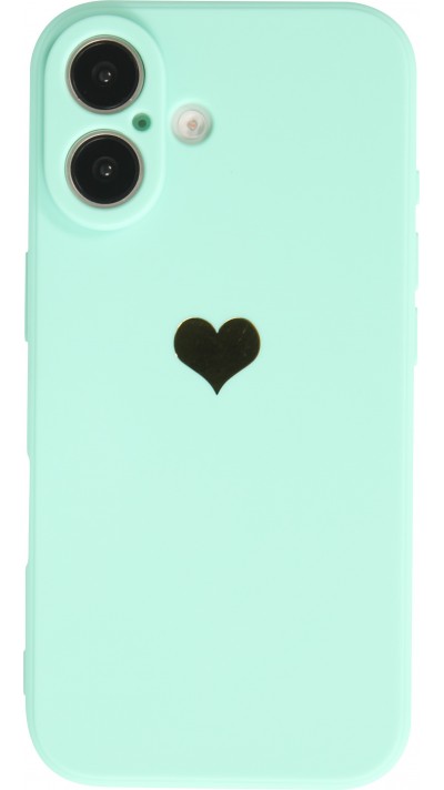 Coque iPhone 16 Plus - Silicone Mat Coeur doré - Turquoise