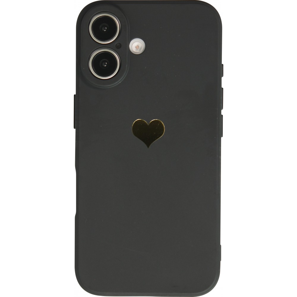 Coque iPhone 16 - Silicone Mat Coeur doré - Noir