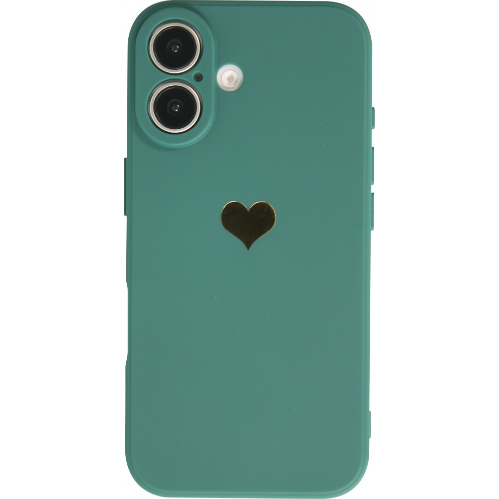 Coque iPhone 16 - Silicone Mat Coeur doré - Vert foncé