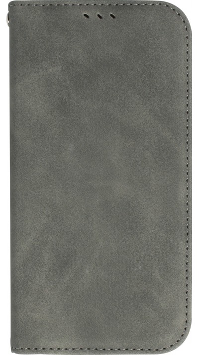 Etui cuir iPhone 15 Plus - Flip Wallet vintage avec fermeture aimantée et compartiment cartes - Gris