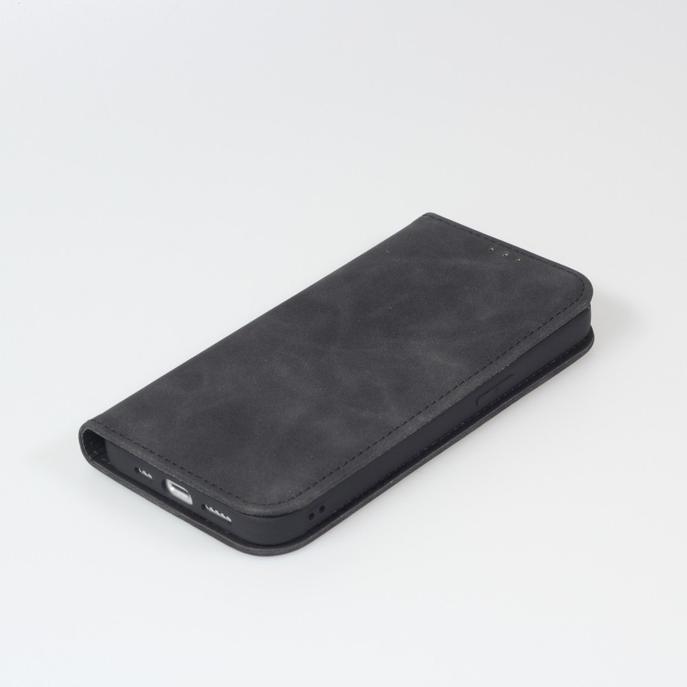 Etui cuir iPhone 14 - Flip Wallet vintage avec fermeture aimantée et compartiment cartes - Noir