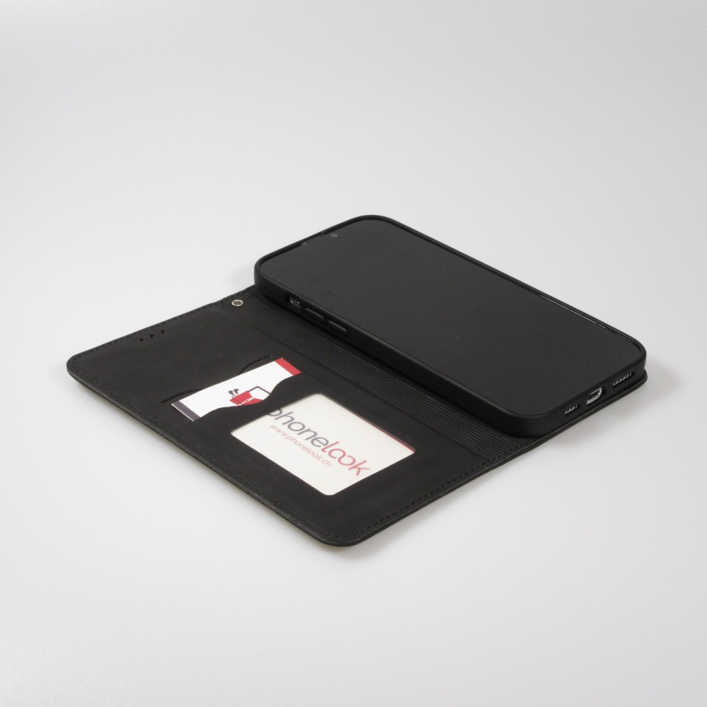 Etui cuir iPhone 14 - Flip Wallet vintage avec fermeture aimantée et compartiment cartes - Noir