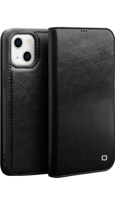 Fourre iPhone 15 Plus - Flip Qialino cuir véritable - Noir