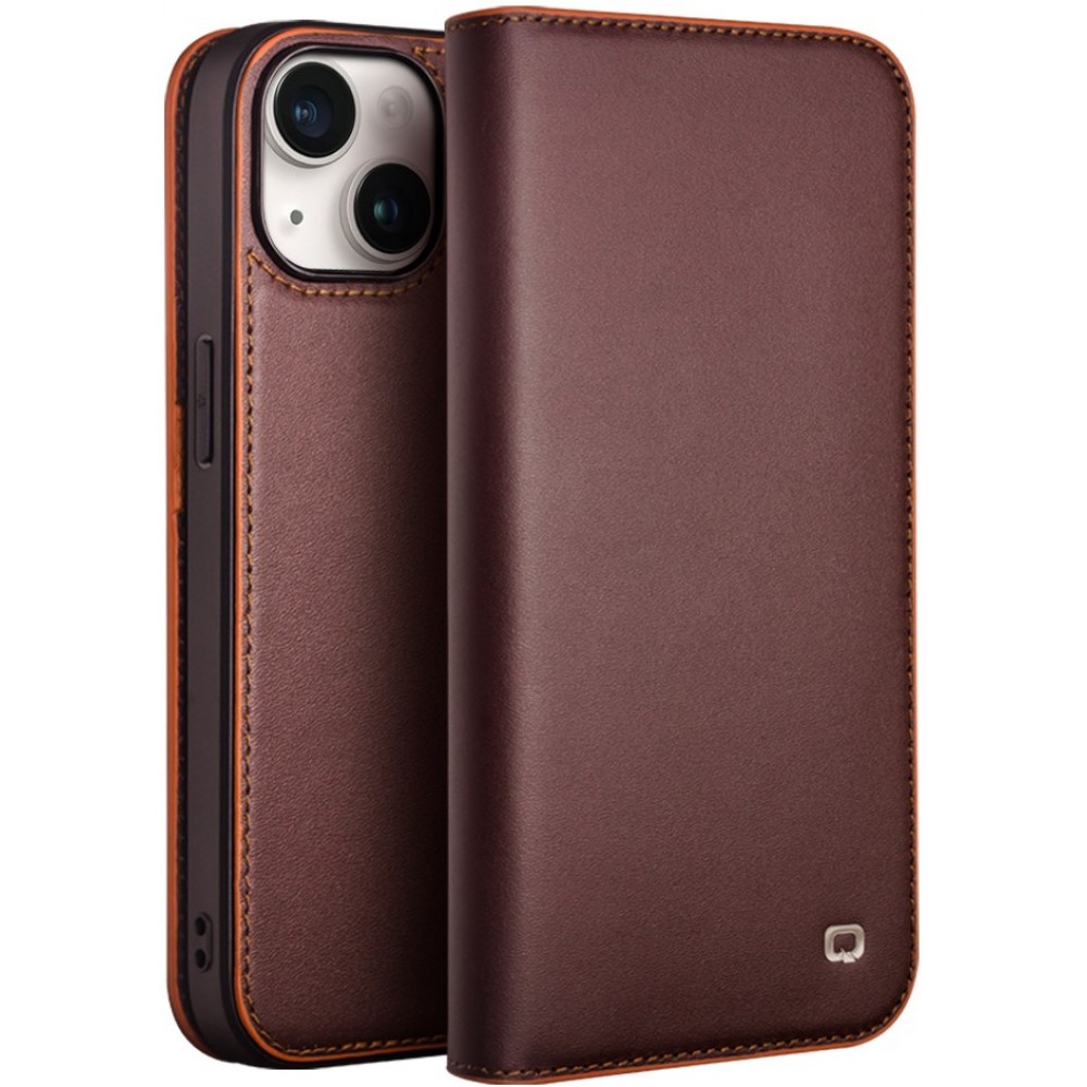 Fourre iPhone 15 Plus - Flip Qialino cuir véritable - Brun foncé mat