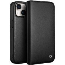 Fourre iPhone 15 - Flip Qialino cuir véritable - Noir mat