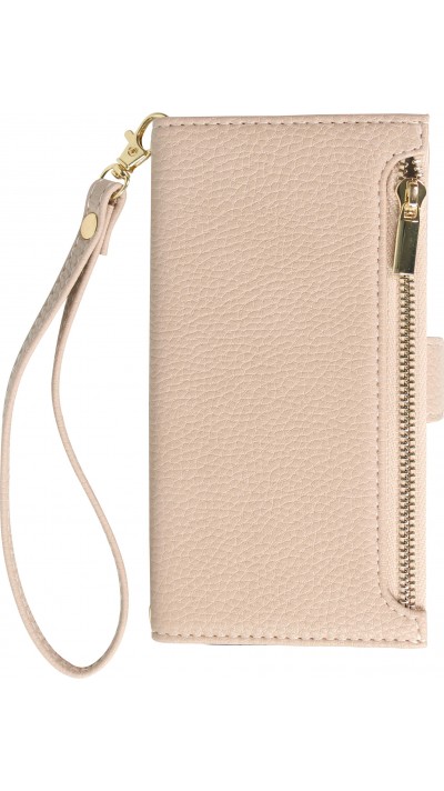iPhone 15 Case Hülle - Flip Wallet aus veganem Leder mit Brieftasche und Magnetverschluss - Beige