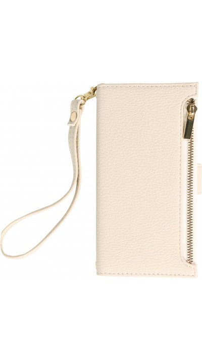 iPhone 15 Case Hülle - Flip Wallet aus veganem Leder mit Brieftasche und Magnetverschluss - Weiss