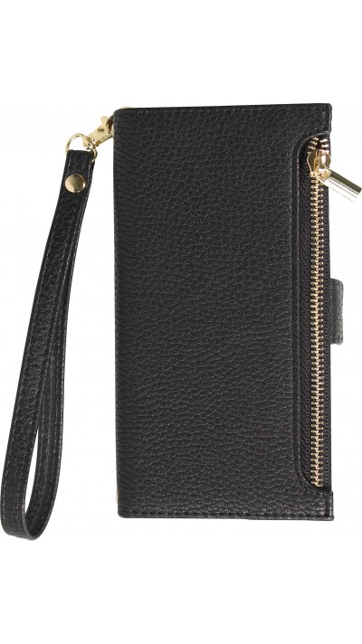 iPhone 15 Case Hülle - Flip Wallet aus veganem Leder mit Brieftasche und Magnetverschluss - Schwarz