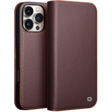 Fourre iPhone 16 Pro - Flip Qialino Matt Wallet cuir véritable - Brun foncé mat