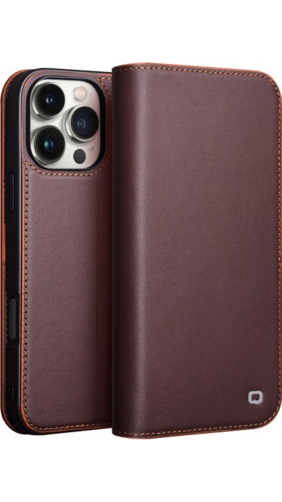 iPhone 16 Pro Max Case Hülle - Qialino Flip Matt Wallet Echtleder - Braun