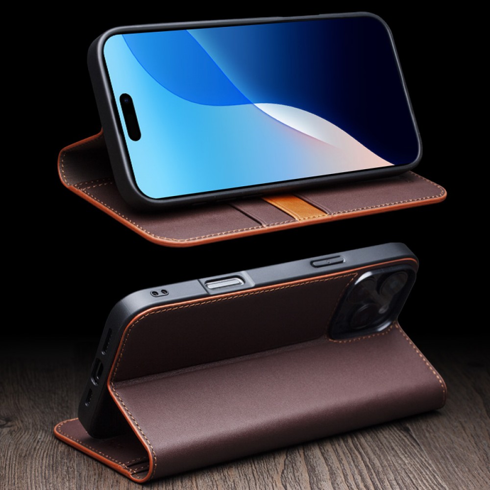 Fourre iPhone 16 Pro - Flip Qialino Matt Wallet cuir véritable - Brun foncé mat